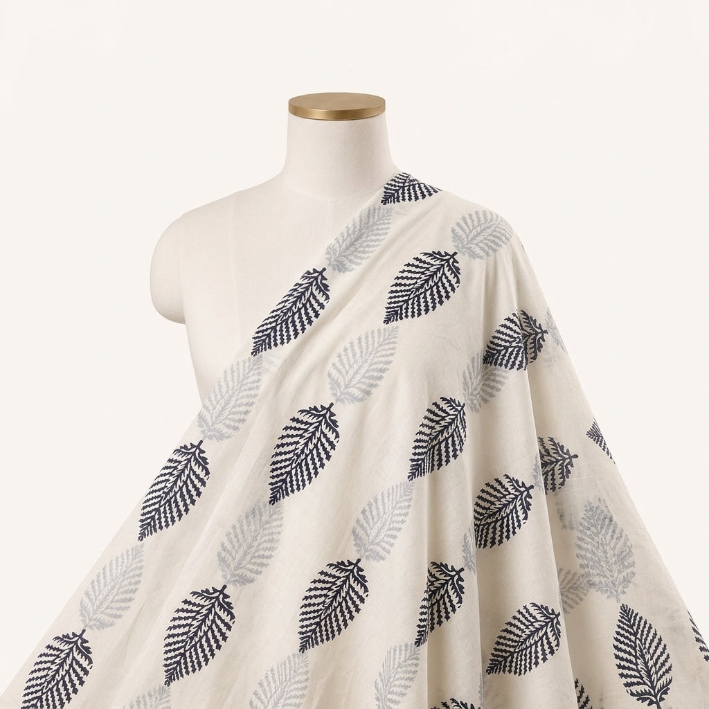 White Hand Block Cotton Fabric, draped as a saree