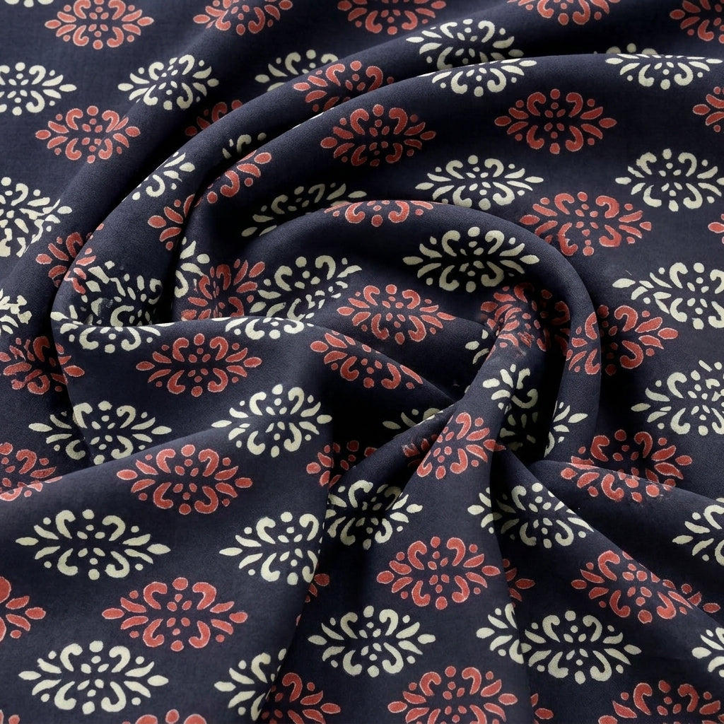 Black Hand block Cotton Fabric, swirled to show the drape