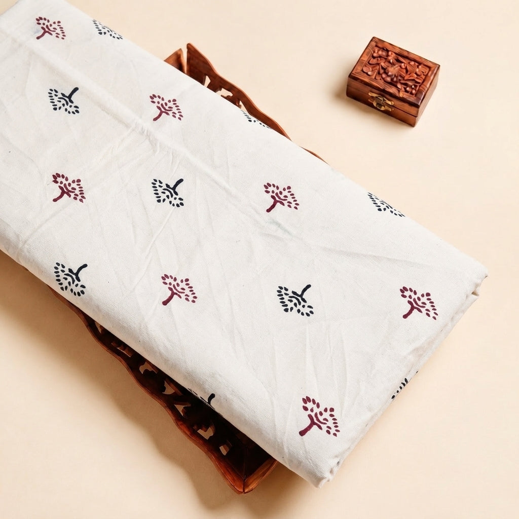 White Hand block Cotton Fabric
