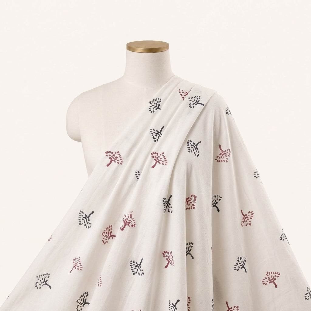 White Hand block Cotton Fabric Draped as a saree