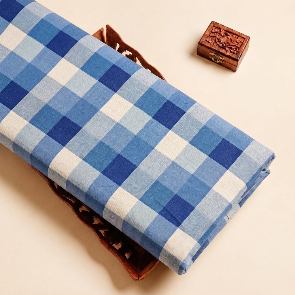 Blue Checked Raw Silk Fabric, folded