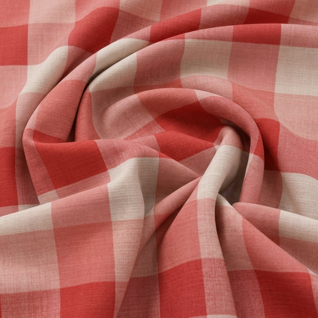 Swirled Red Checked Raw Silk Fabric Showing Drape