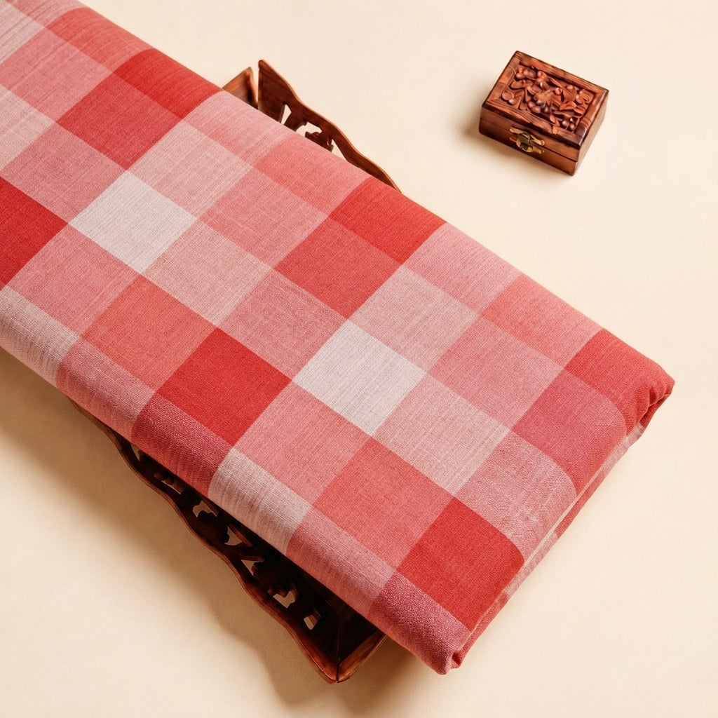 Red Checked Raw Silk Fabric