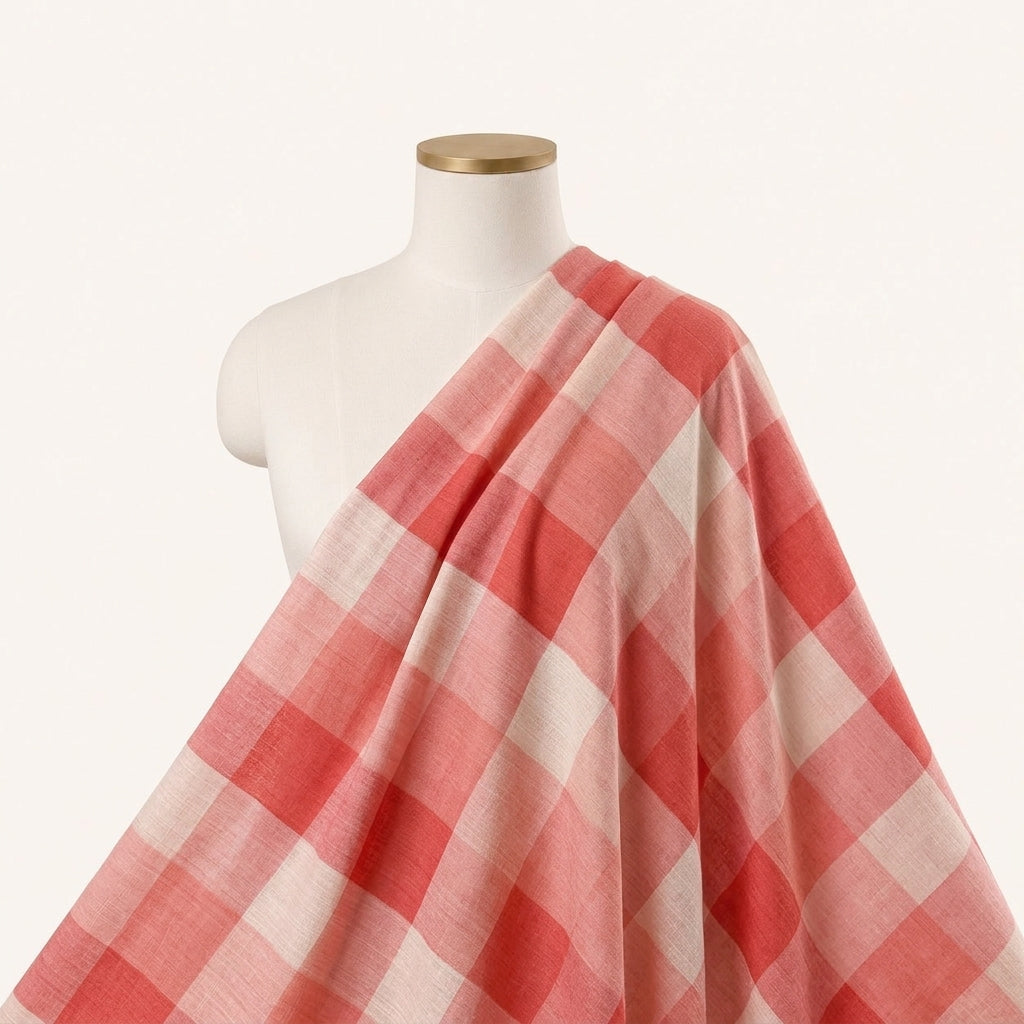 Red Checked Raw Silk Fabric Draped as a saree