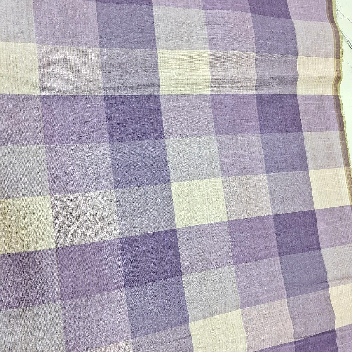 Lilac Checked Raw Silk Fabric, laid flat