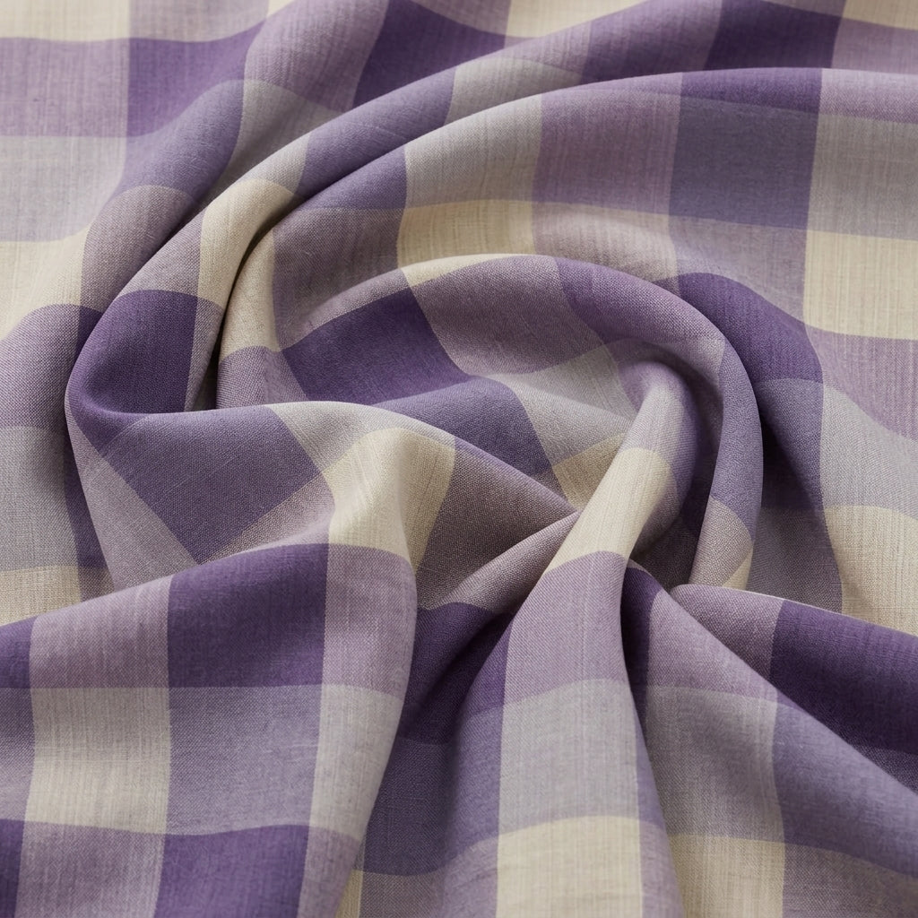 Swirled Lilac Checked Raw Silk Fabric Showing Drape