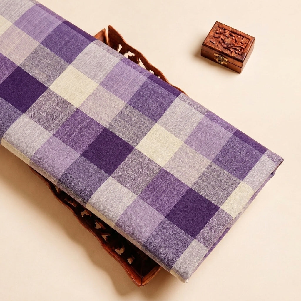 Lilac Checked Raw Silk Fabric