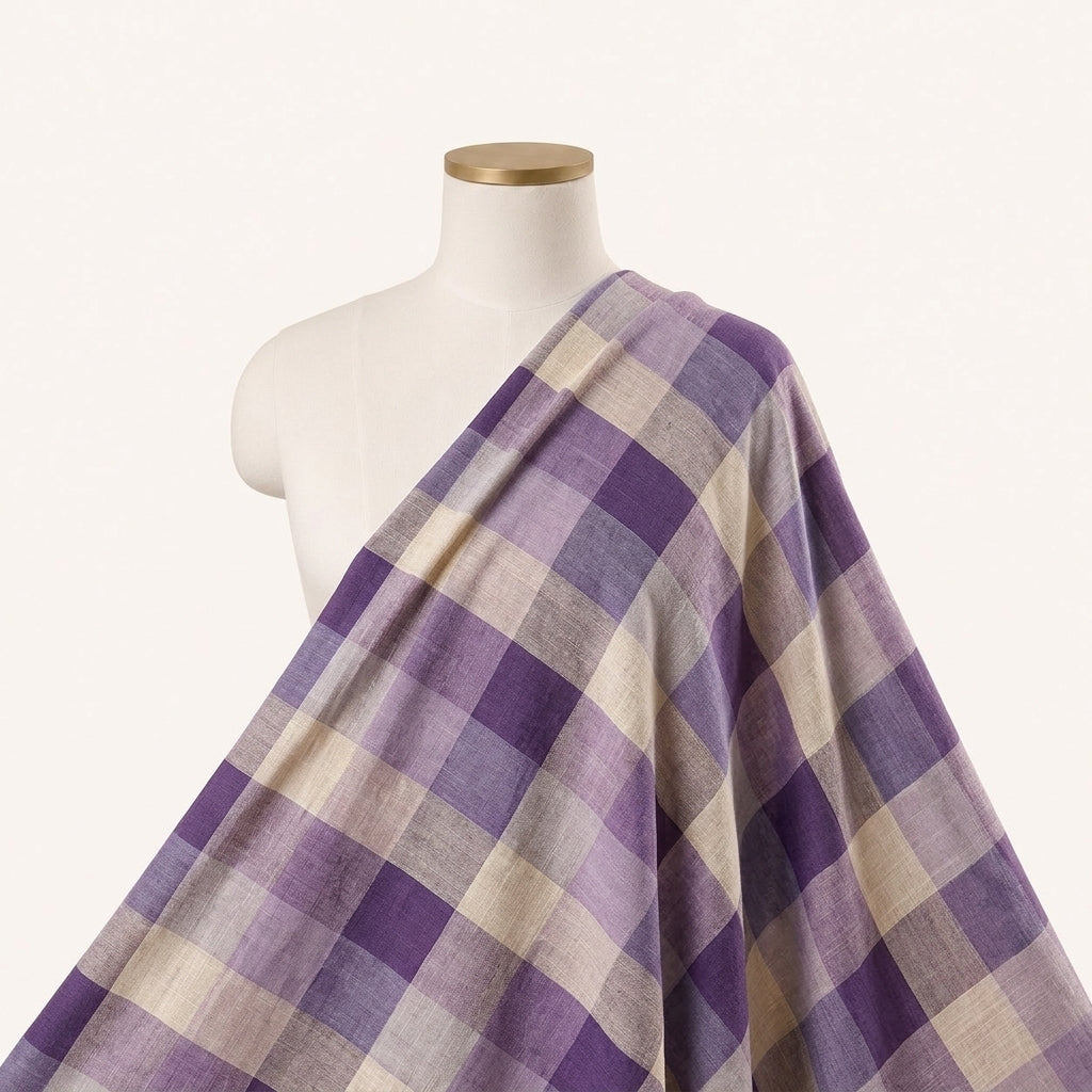 Lilac Checked Raw Silk Fabric Draped as a saree