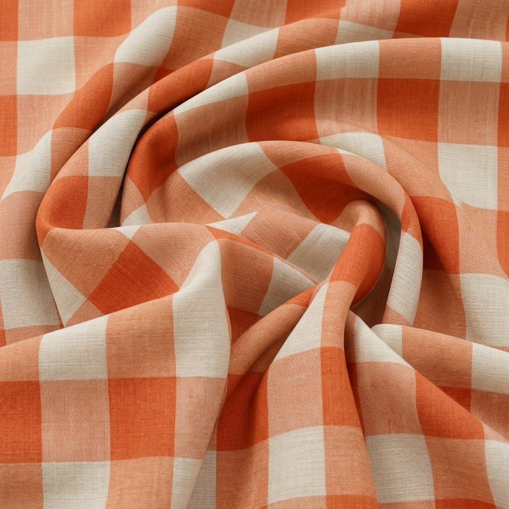 Swirled Orange Checked Raw Silk Fabric Showing Drape