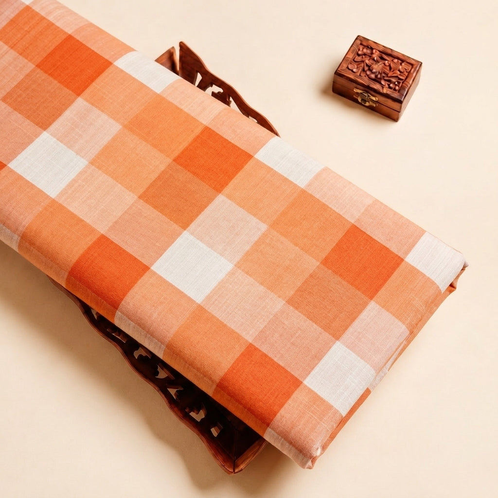 Orange Checked Raw Silk Fabric