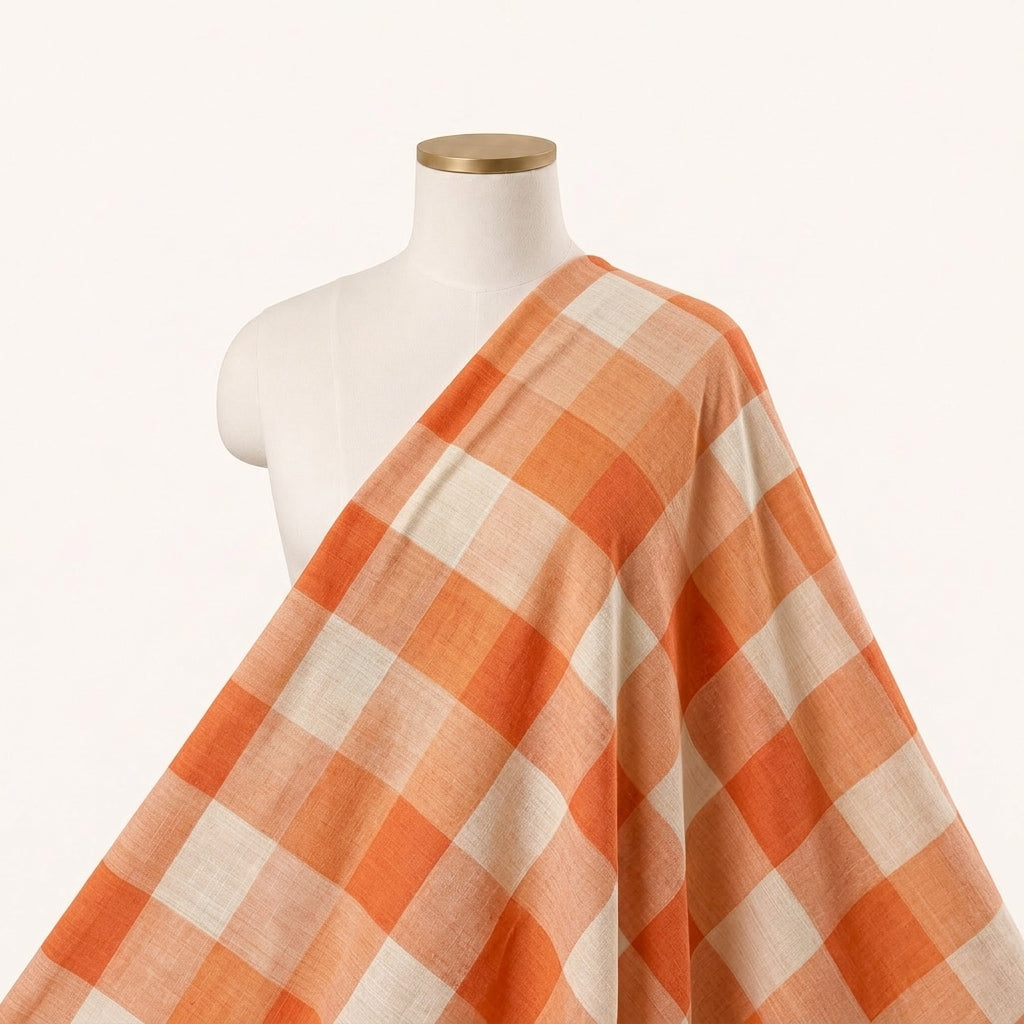 Orange Checked Raw Silk Fabric Draped as a saree