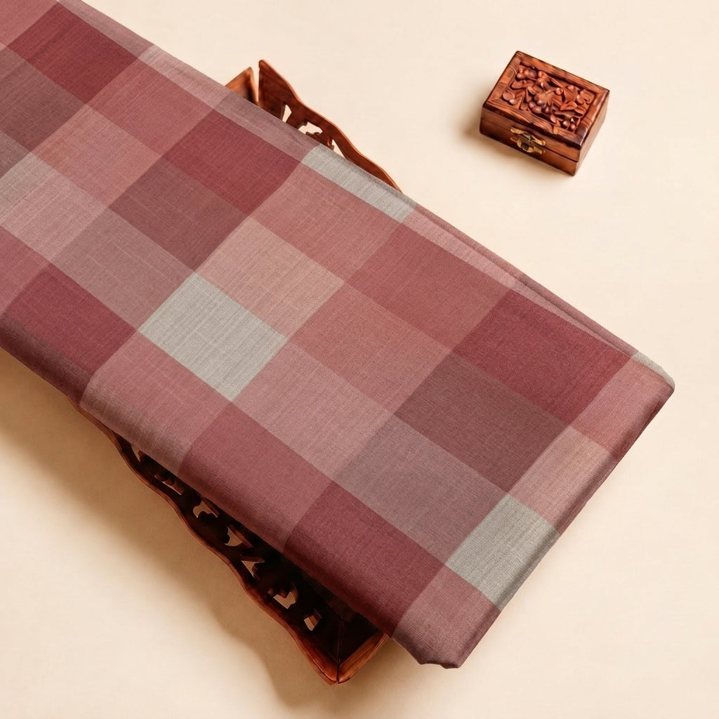 Maroon Checked Raw Silk Fabric, folded