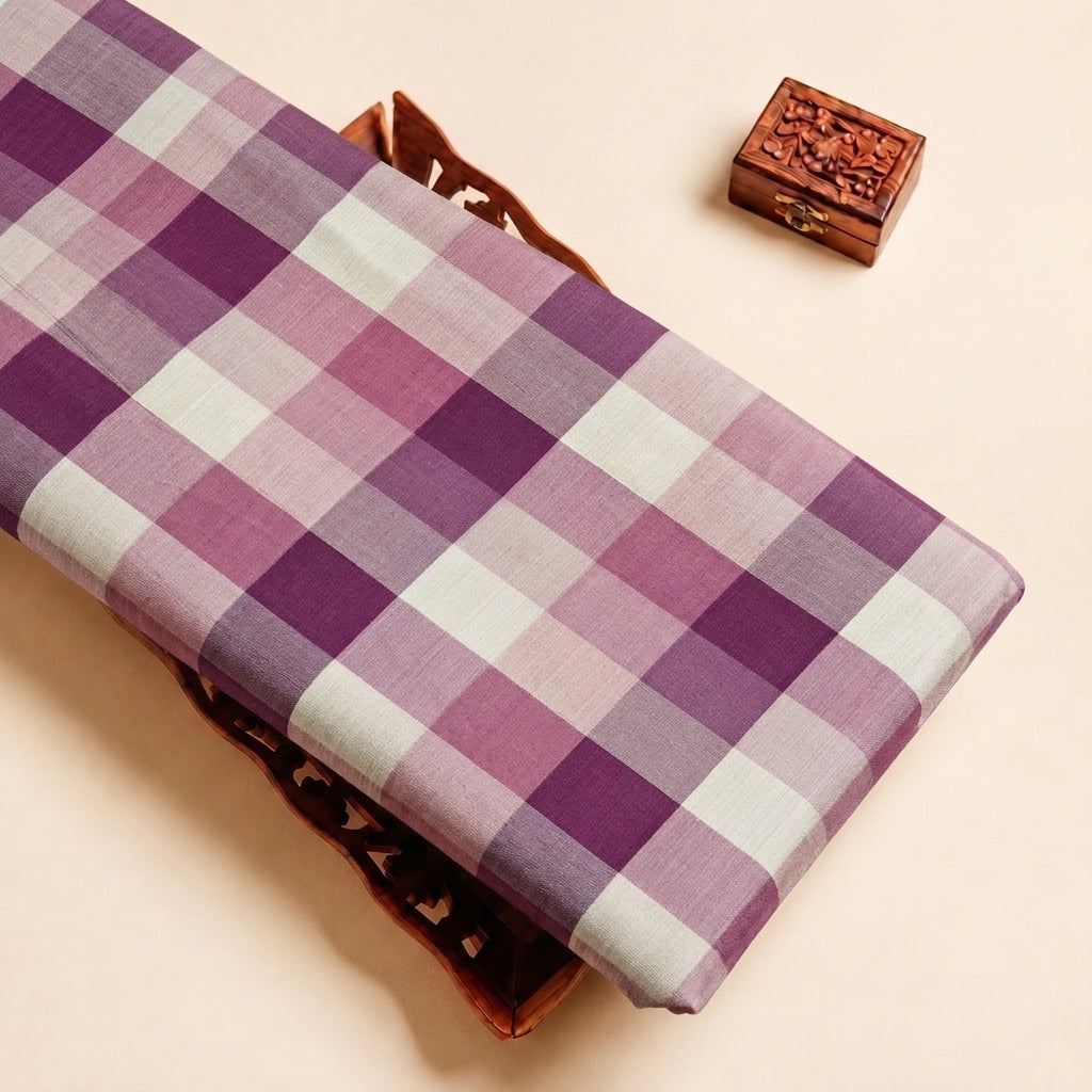 Light Pink Checked Raw Silk Fabric, folded