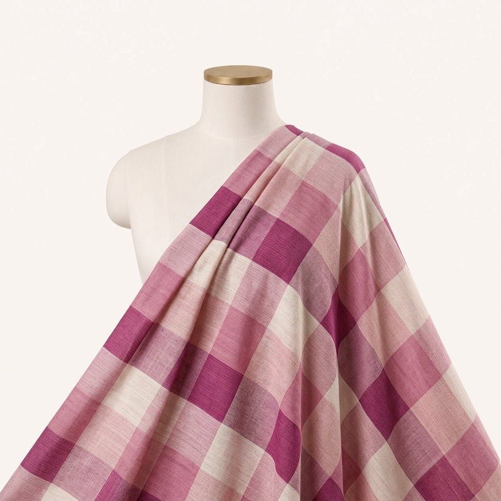 Light Pink Checked Raw Silk Fabric Draped as a saree