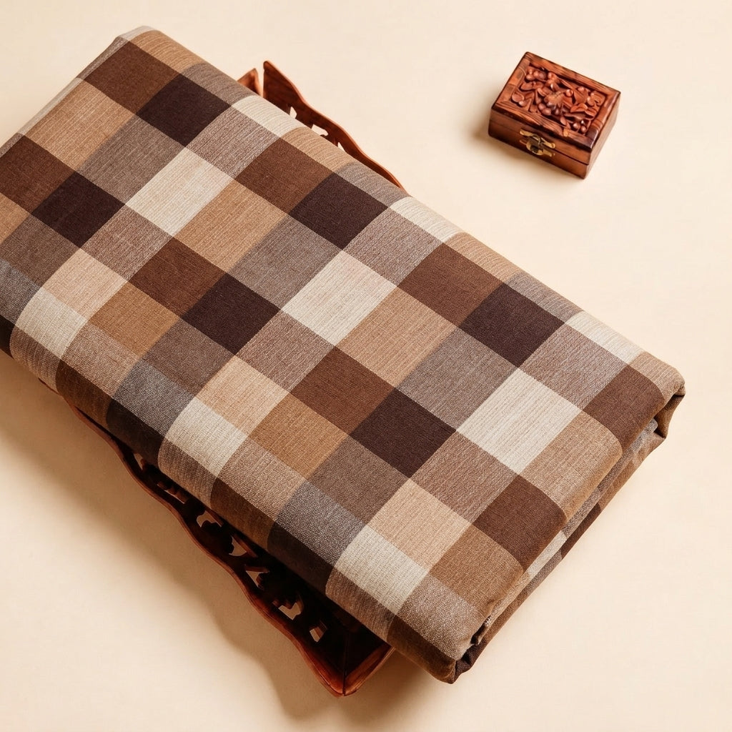 Brown Checked Raw Silk Fabric