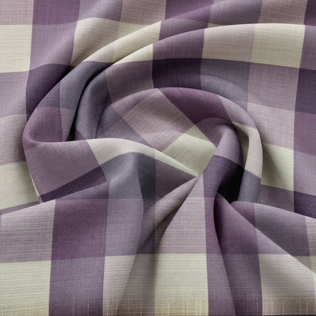 Swirled Lavender Checked Raw Silk Fabric Showing Drape