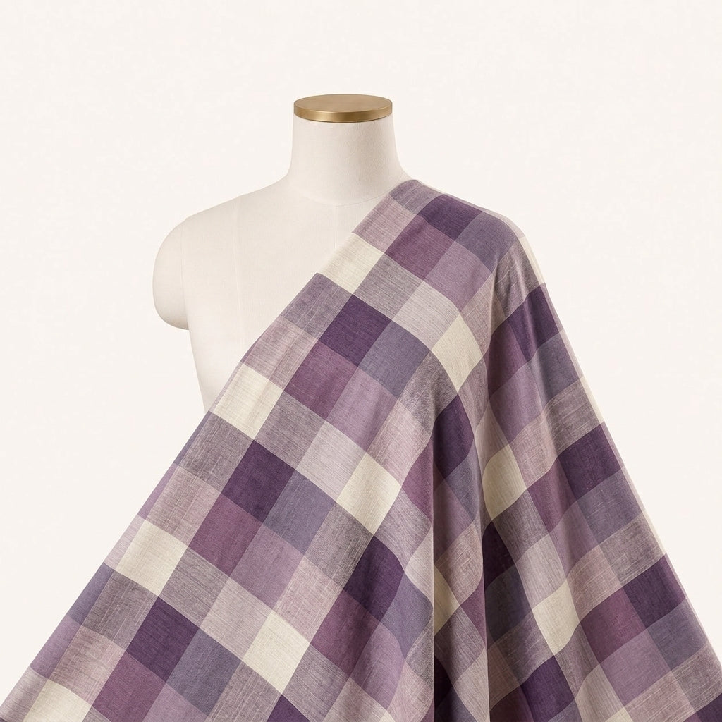 Lavender Checked Raw Silk Fabric Draped as a saree