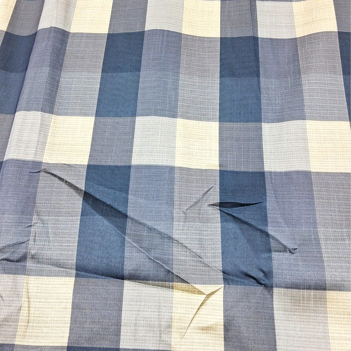 Blue Checked Raw Silk Fabric, laid flat