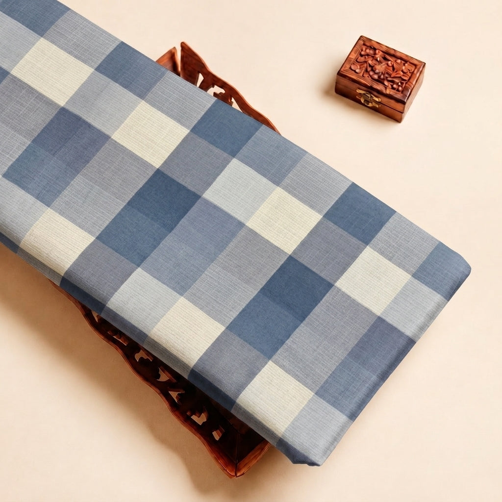 Blue Checked Raw Silk Fabric
