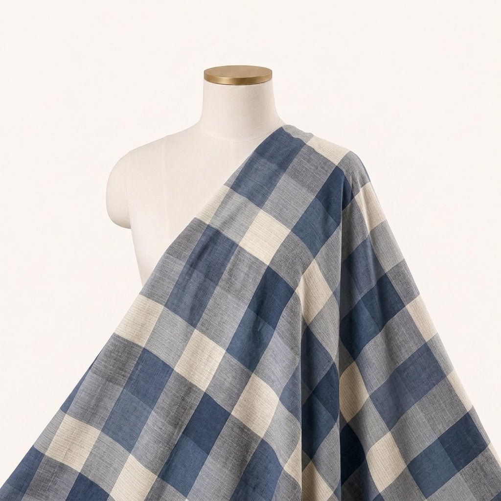 Blue Checked Raw Silk Fabric Draped as a saree