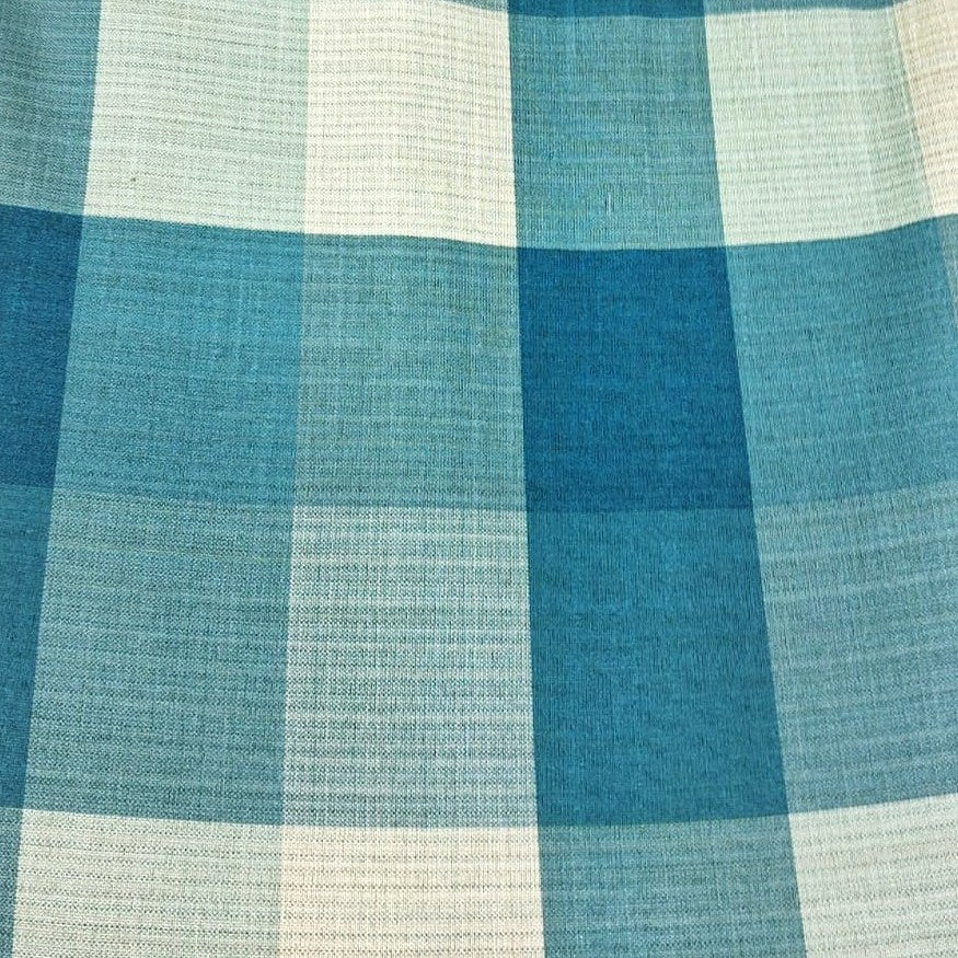Teal Checked Raw Silk Fabric, laid flat