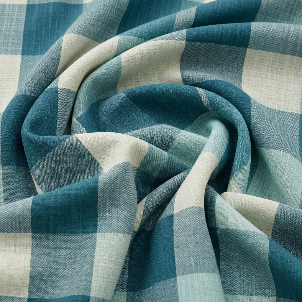 Swirled Teal Checked Raw Silk Fabric Showing Drape