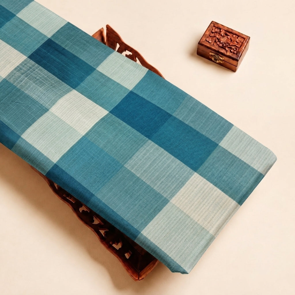 Teal Checked Raw Silk Fabric