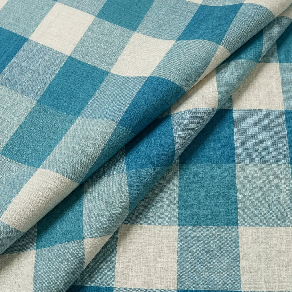 Folded Teal Checked Raw Silk Fabric