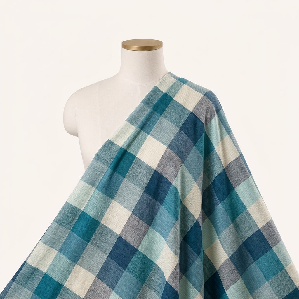Teal Checked Raw Silk Fabric Draped as a saree