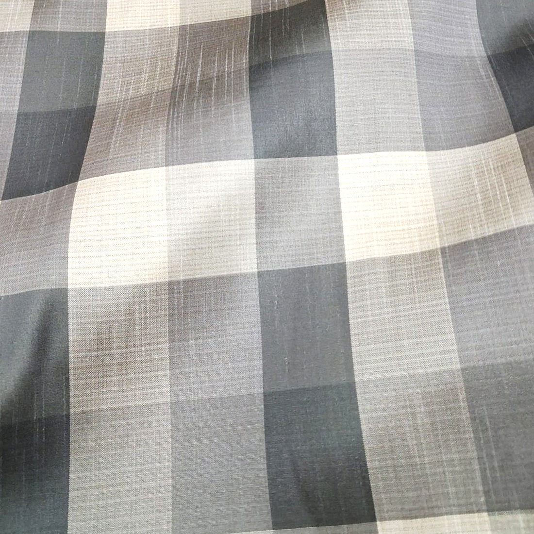 Grey Checked Raw Silk Fabric, laid flat