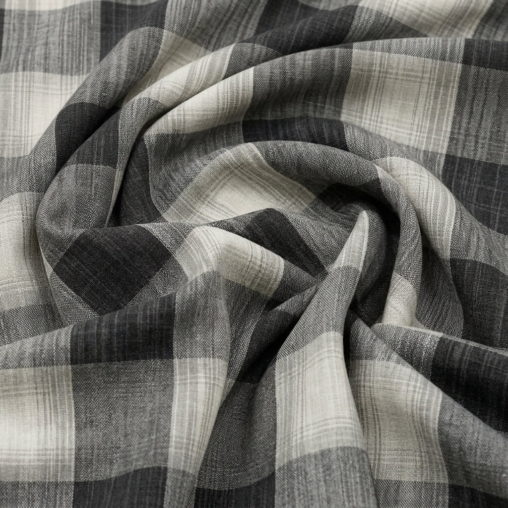 Swirled Grey Checked Raw Silk Fabric Showing Drape