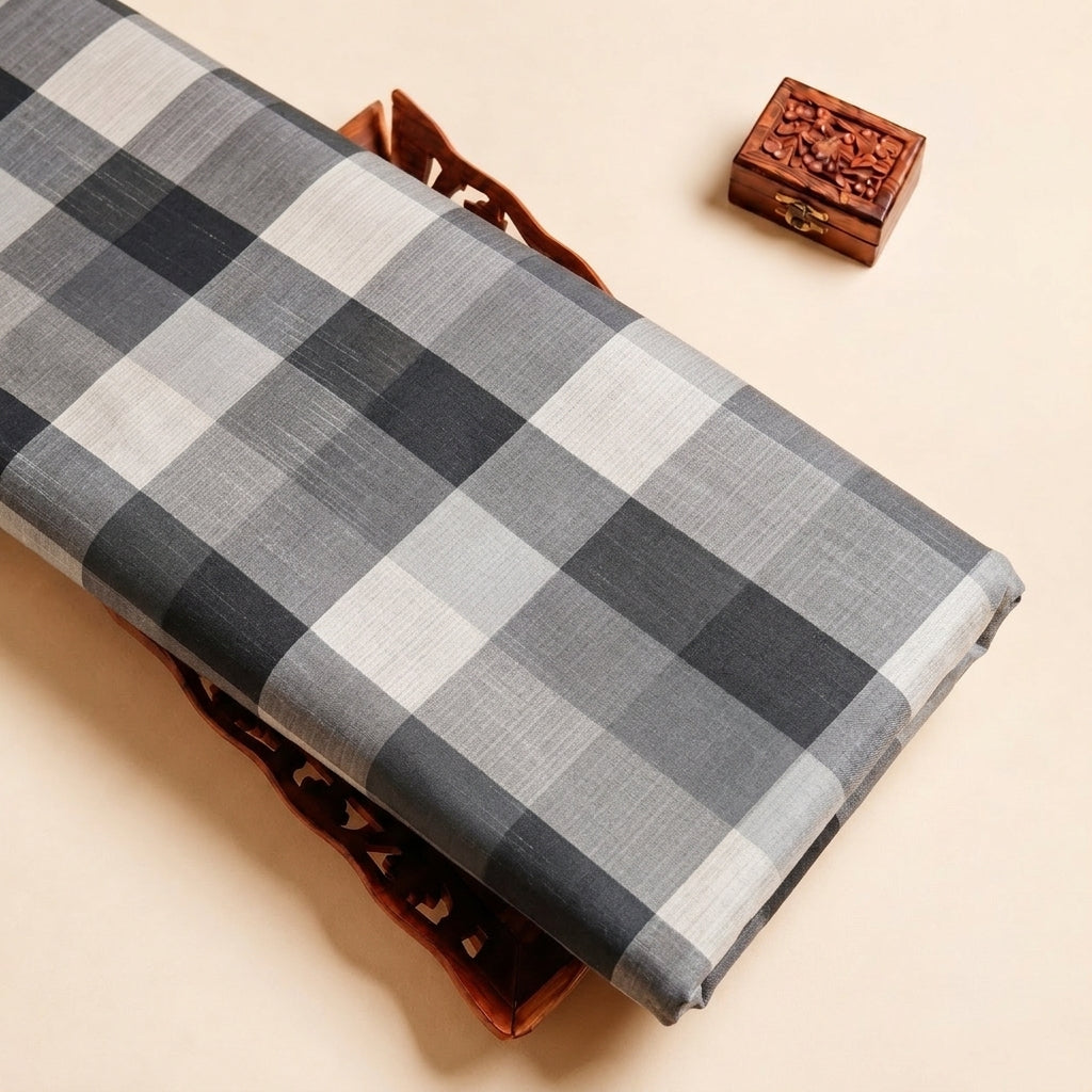 Grey Checked Raw Silk Fabric, folded
