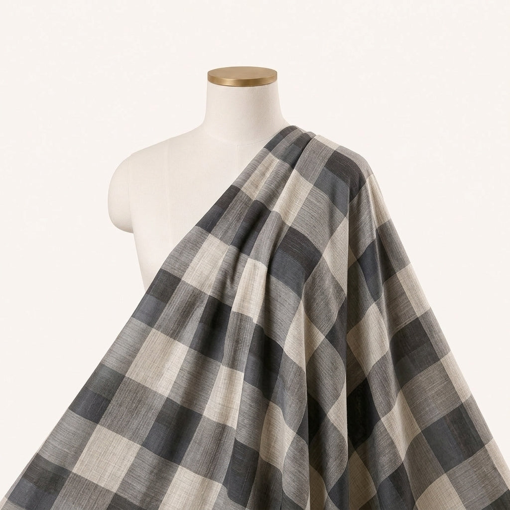 Grey Checked Raw Silk Fabric Draped as a saree