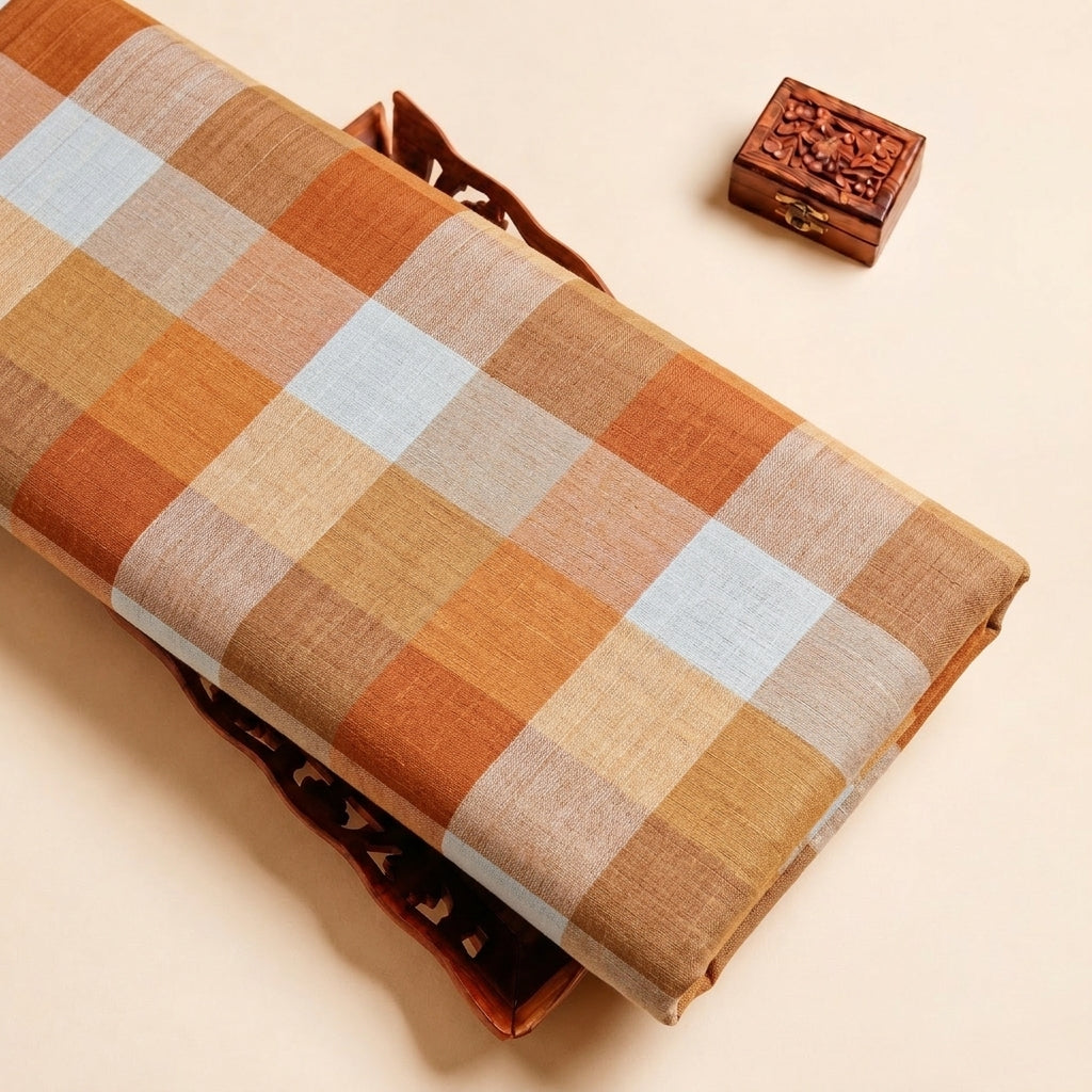 Light Yellow Checked Raw Silk Fabric, folded