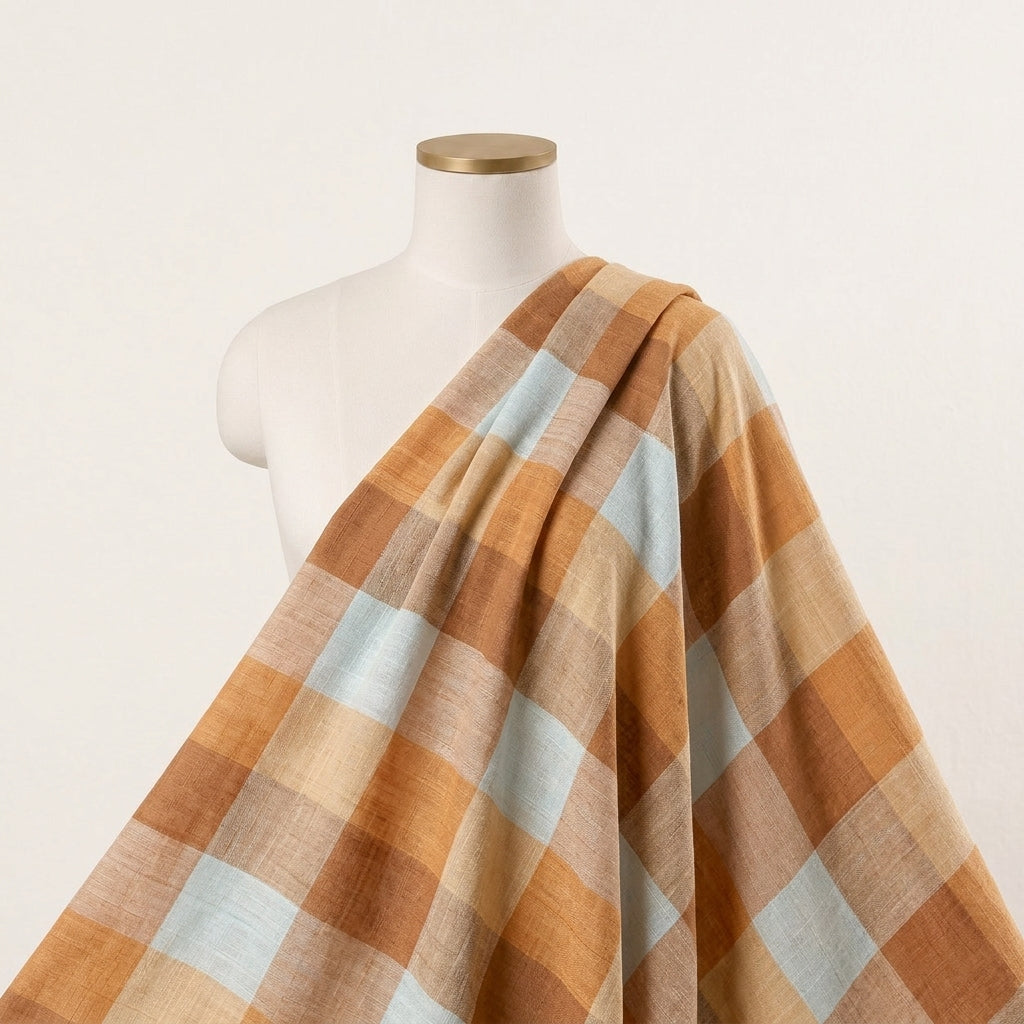 Light Yellow Checked Raw Silk Fabric Draped as a saree