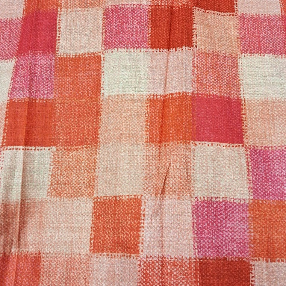 Red Checked Raw Silk Fabric, laid flat