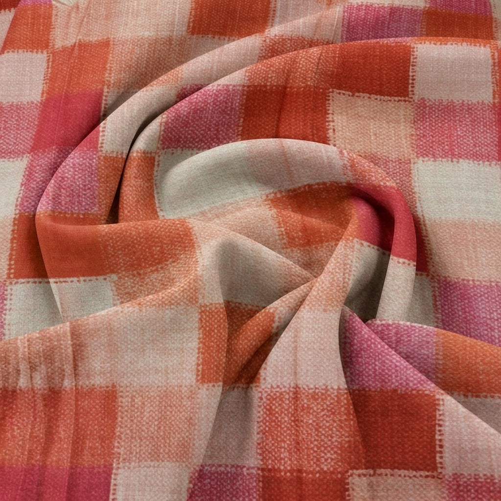 Swirled Red Checked Raw Silk Fabric Showing Drape