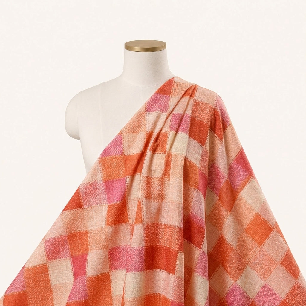 Red Checked Raw Silk Fabric Draped as a saree