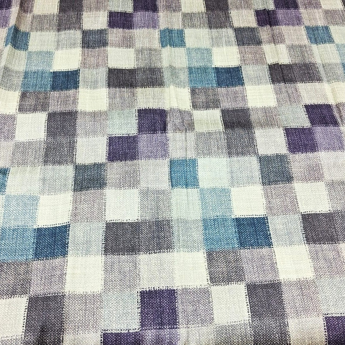 Teal Checked Raw Silk Fabric, laid flat