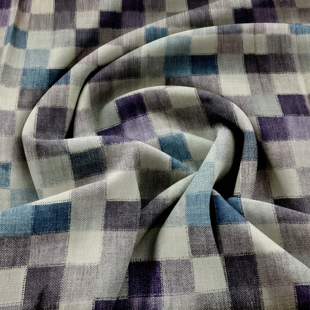 Swirled Teal Checked Raw Silk Fabric Showing Drape