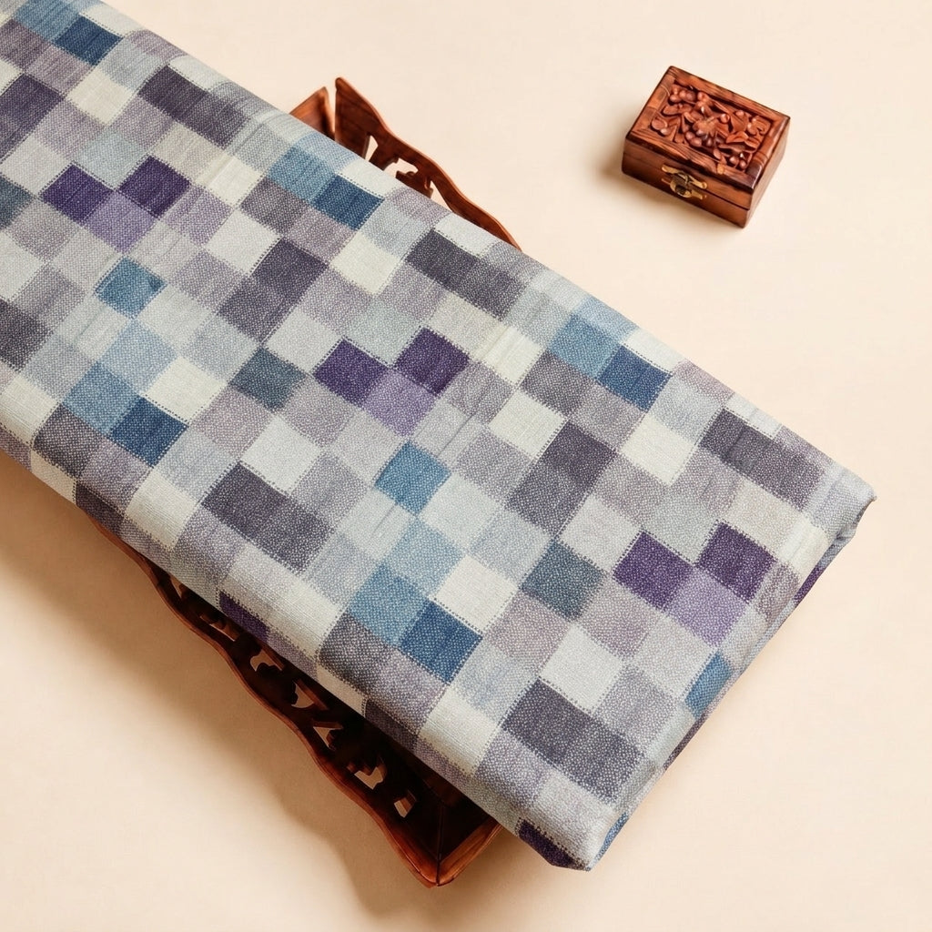 Teal Checked Raw Silk Fabric