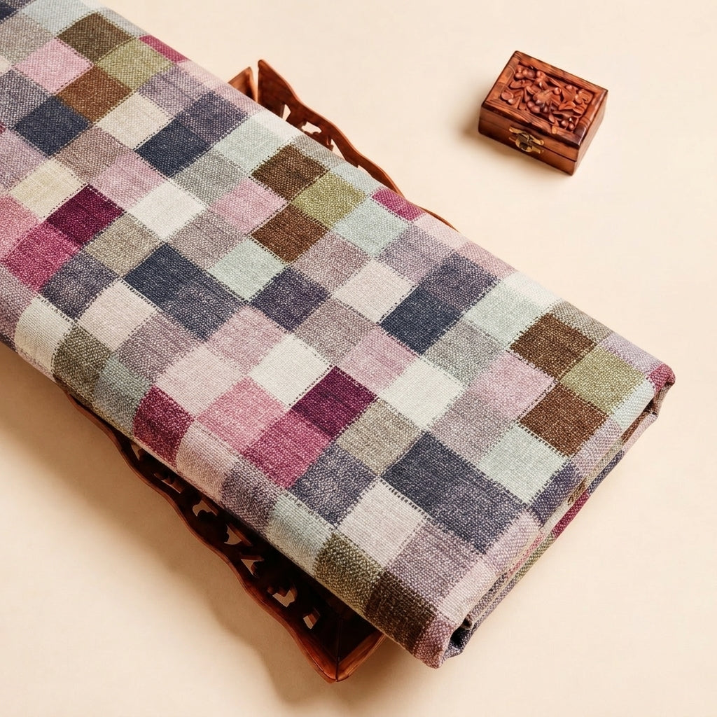 Multicolor Checked Raw Silk Fabric