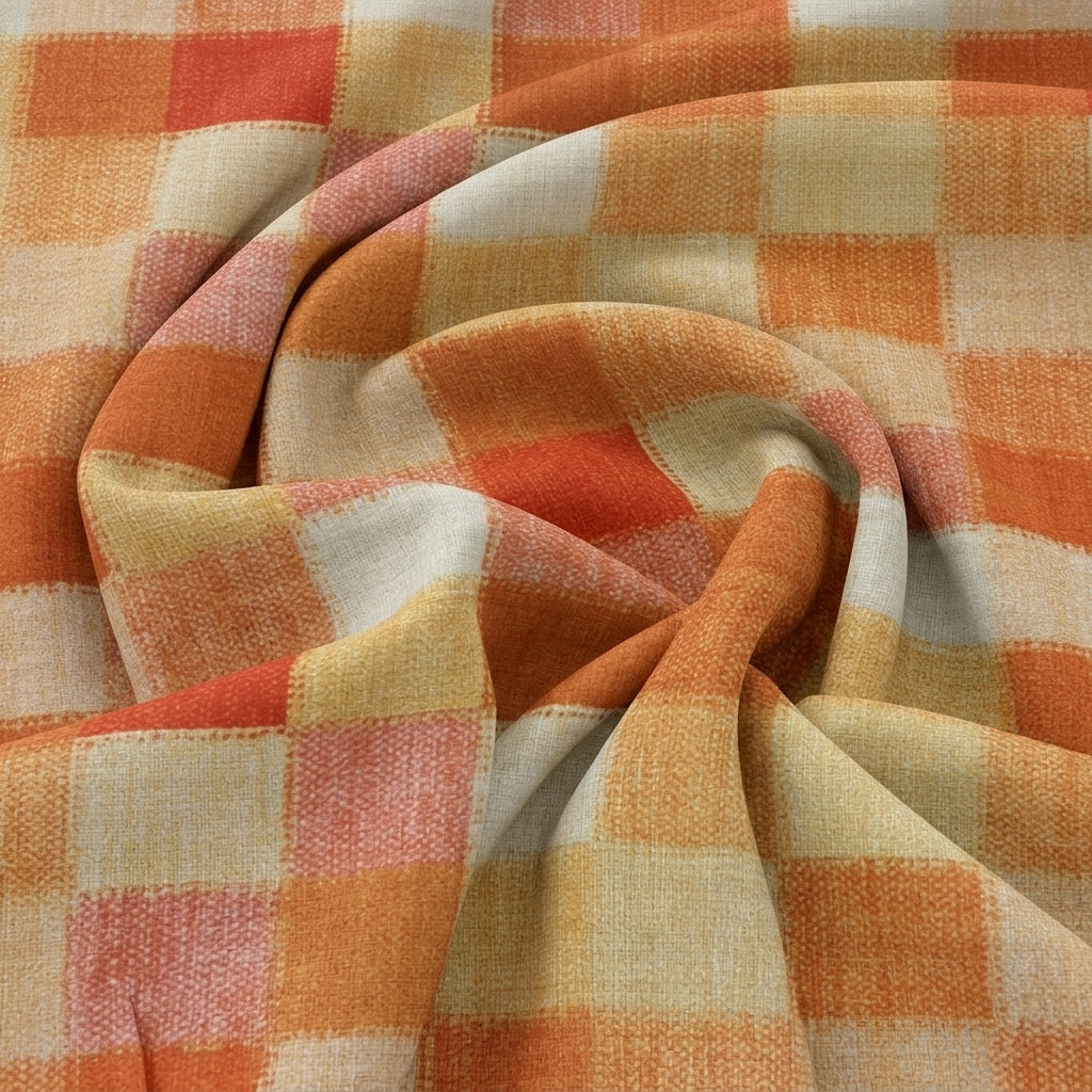 Swirled Orange Checked Raw Silk Fabric Showing Drape