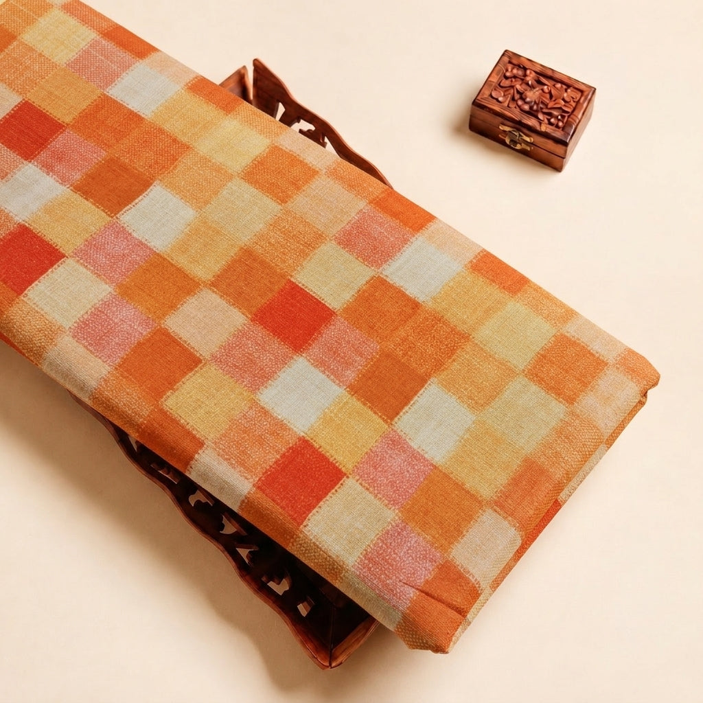 Orange Checked Raw Silk Fabric