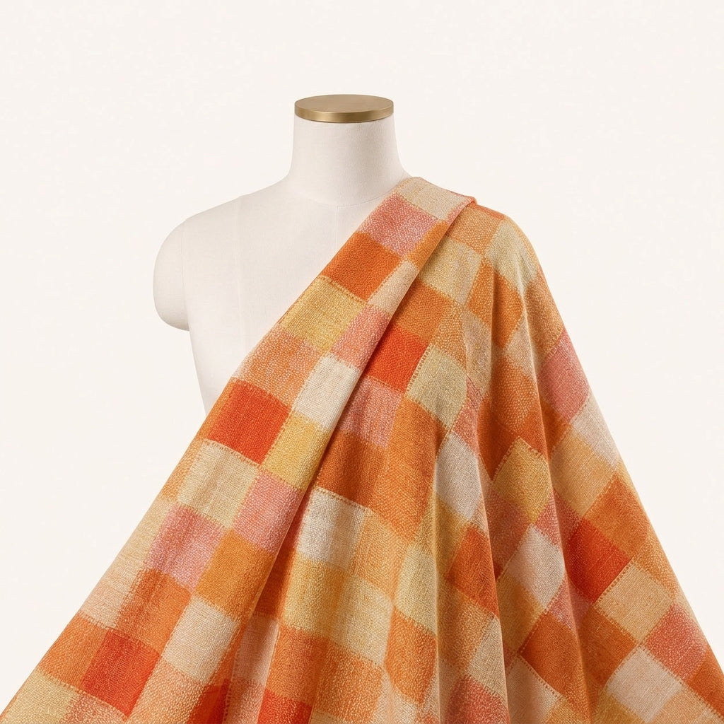 Orange Checked Raw Silk Fabric Draped as a saree