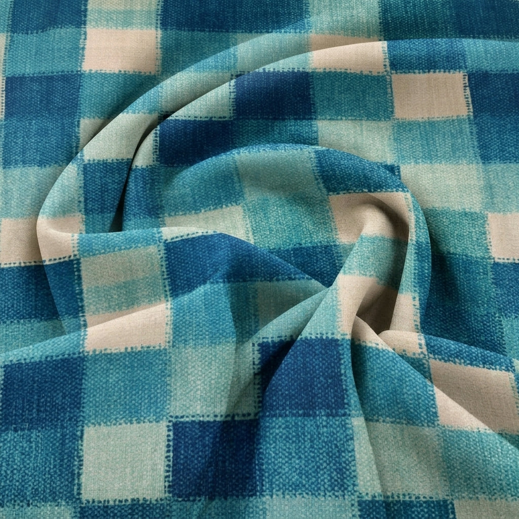 Swirled Green Checked Raw Silk Fabric Showing Drape
