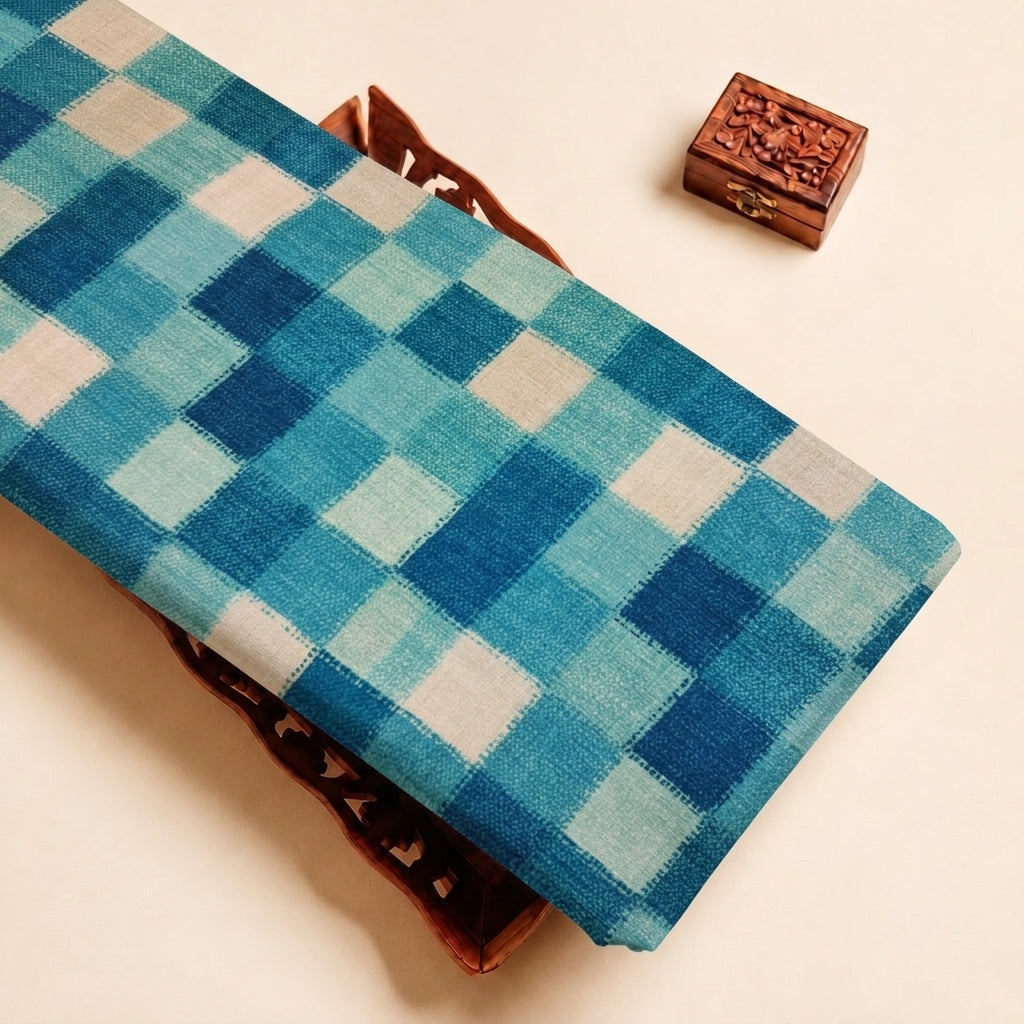 Green Checked Raw Silk Fabric