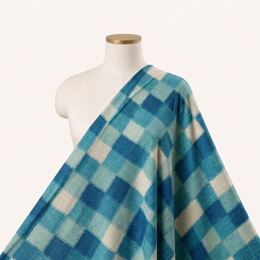 Green Checked Raw Silk Fabric Draped as a saree