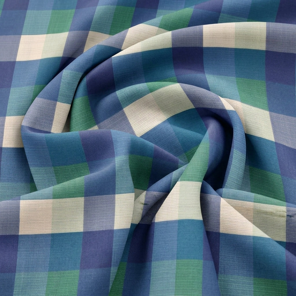 Swirled Blue Checked Raw Silk Fabric Showing Drape