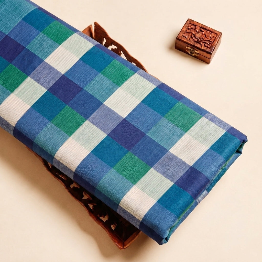Blue Checked Raw Silk Fabric